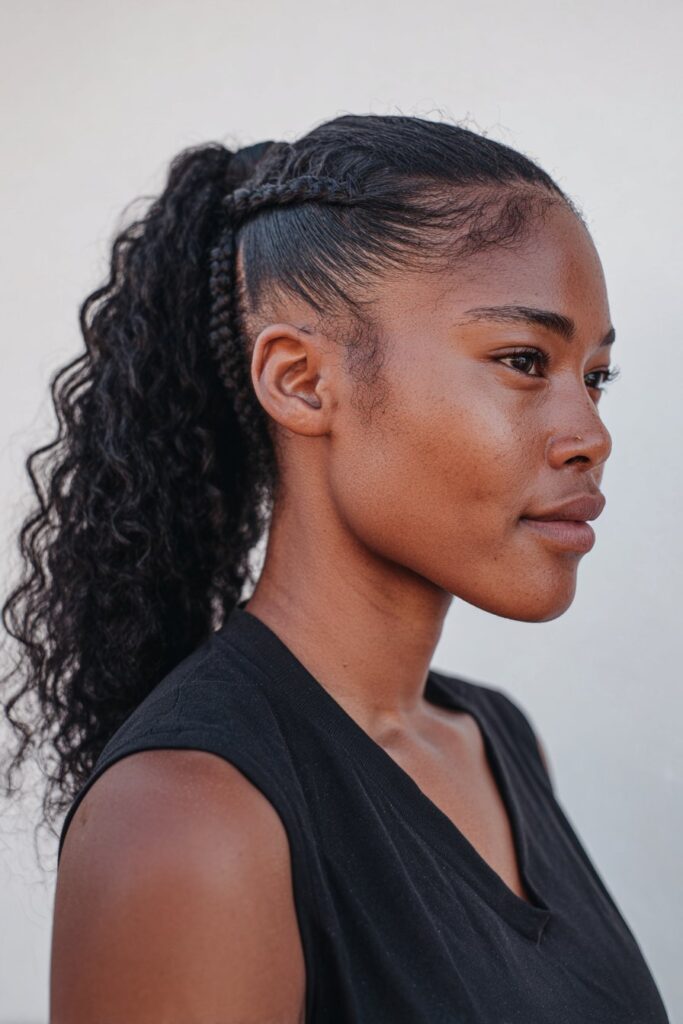 Beauty portrait of American Black woman with cornrows braided into curly ponytail and sleek edges against white backdrop.