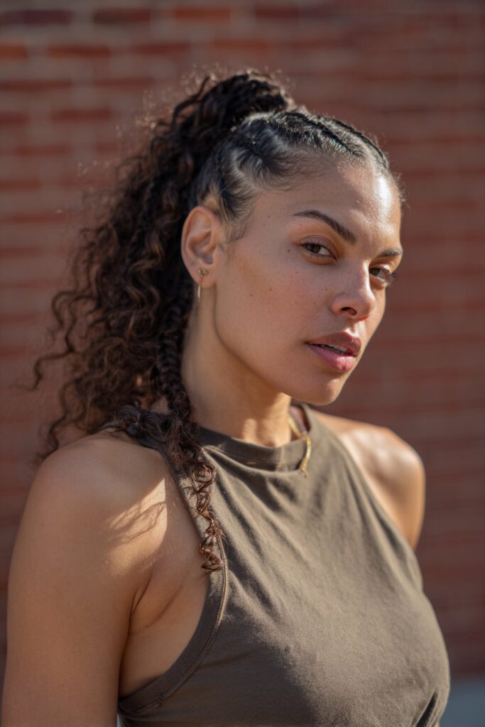Urban portrait of American woman with cornrows leading to high curly ponytail wearing trendy streetwear against brick wall.