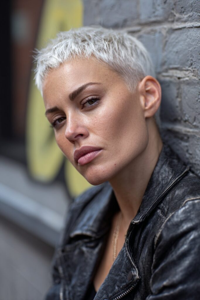 American woman with curly messy pixie cut, natural textured hair, soft styling, relaxed expression photographed against simple backdrop.