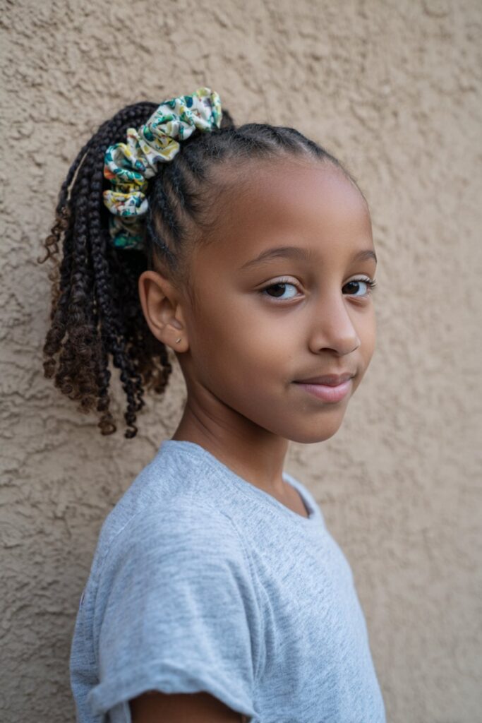 American kid with cornrows braided into curly ponytail, colorful scrunchie, fun expression, photographed against textured plaster wall background.