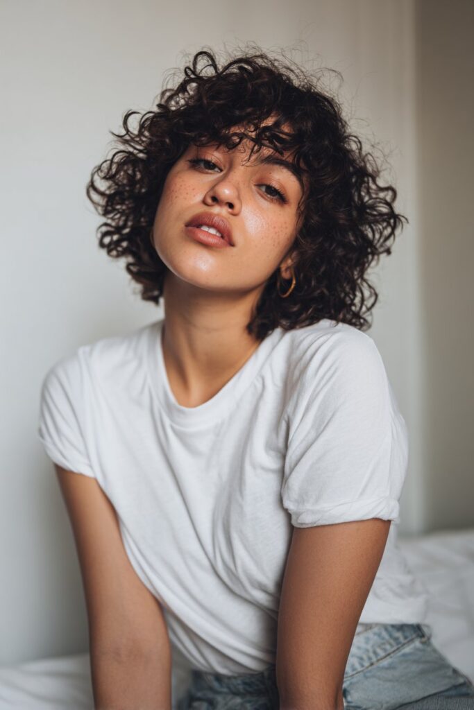 American woman with short curly brown shag hairstyle and curtain bangs, natural lighting, casual chic outfit on white backdrop.