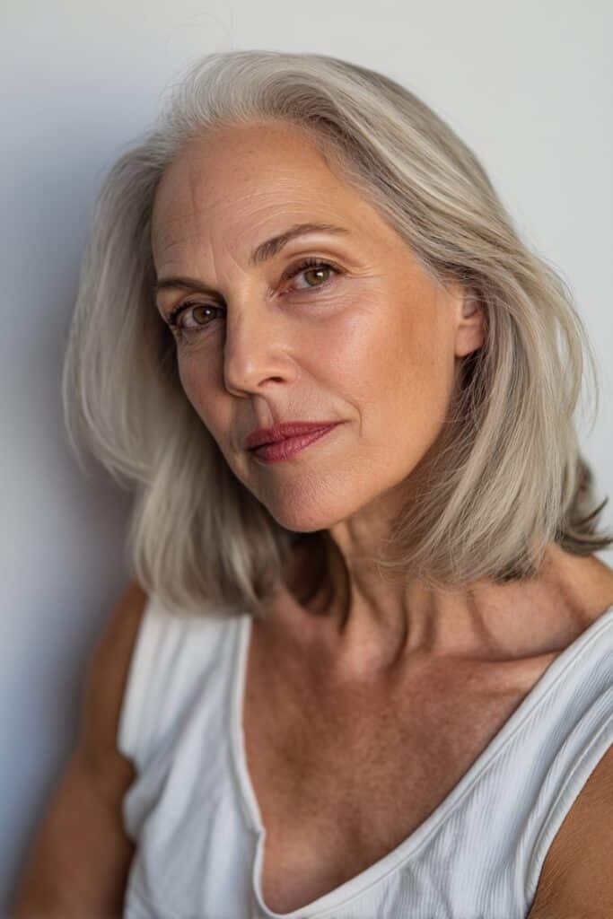 Stylish older American woman with shoulder-length hair, soft curtain bangs, warm skin tone, natural makeup, confident expression, white backdrop.