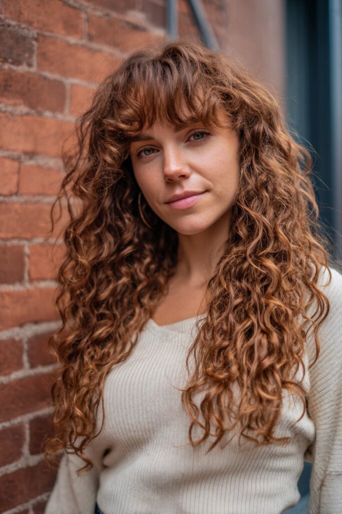 Professional portrait of American woman with voluminous curly hair, curtain bangs, natural makeup against urban brick wall background.