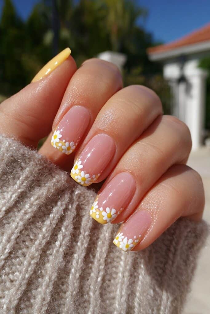Playful orange French tips featuring tiny white daisy flower designs at edge perfect for cheerful summer nail art.