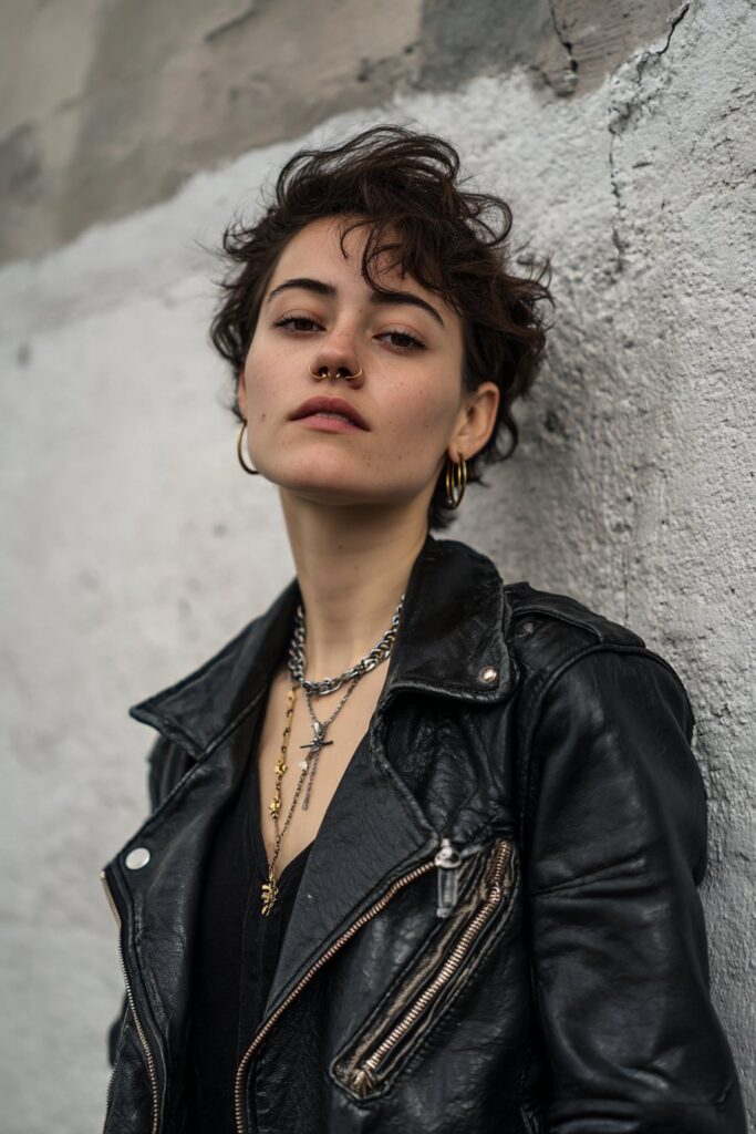 American woman with messy Joan Jett-inspired punk shag haircut wearing leather jacket, fierce attitude against textured plaster wall.