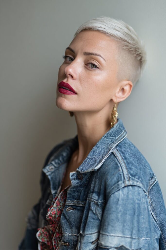 American female model with sharp edgy French crop, short blunt fringe, bold eye makeup, minimalist outfit, forest backdrop.