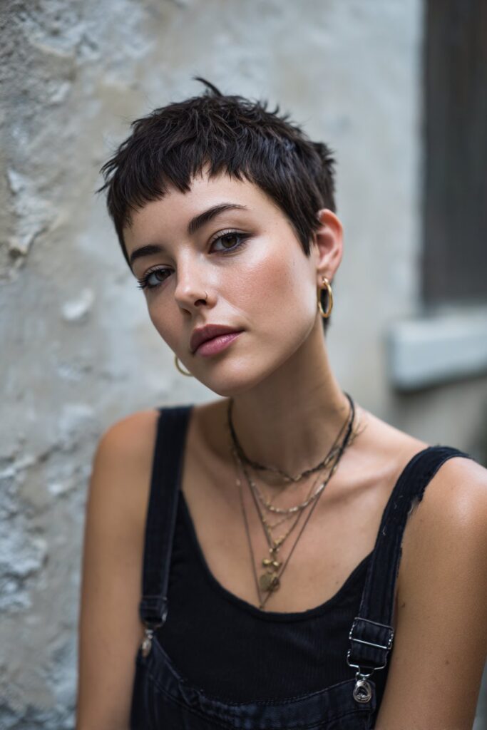 American woman with edgy short razor-cut shag and choppy bangs, bold makeup, modern streetwear against textured plaster.