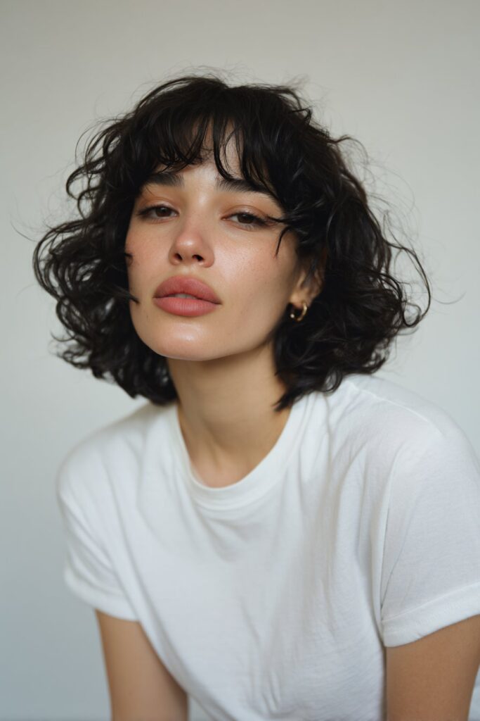 Studio portrait of American model with chin-length curly bob, curtain bangs, glowing skin on clean white backdrop.