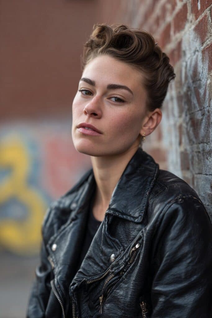 American woman with Elvis-inspired pompadour hairstyle wearing black leather jacket against urban brick wall, retro rocker aesthetic.