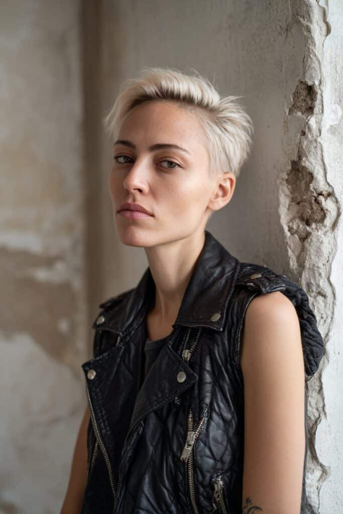 American woman with platinum blonde edgy undercut hairstyle, rocker leather vest and fierce vibe against textured plaster wall.