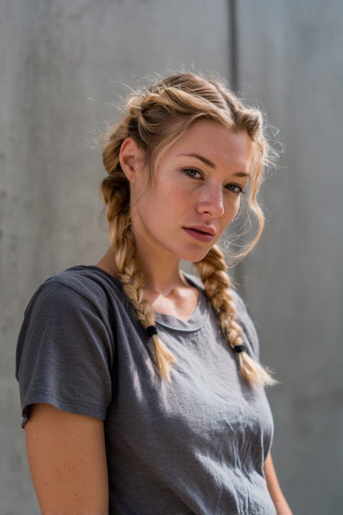 Boho portrait of American woman with faux fishtail braid pigtails wearing modern bohemian outfit against gray fabric backdrop.