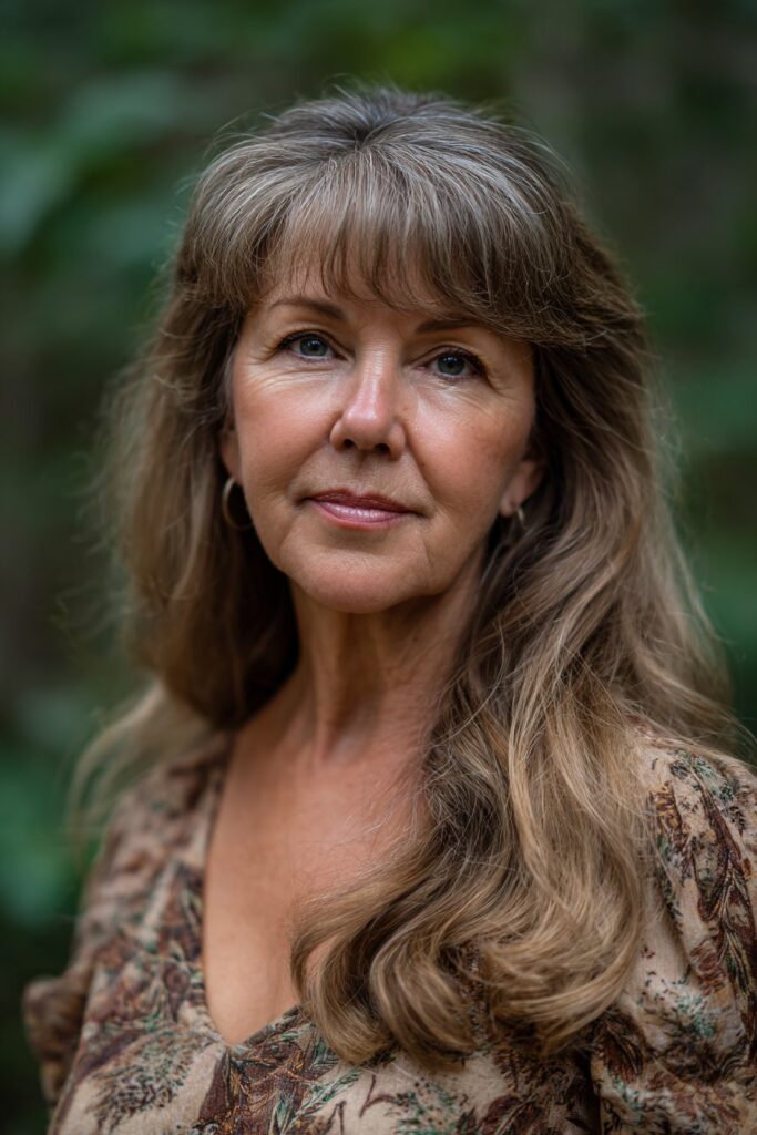 Soft stylish older American woman with feathered bangs, layered hair, soft volume, relaxed smile, natural forest scene background.