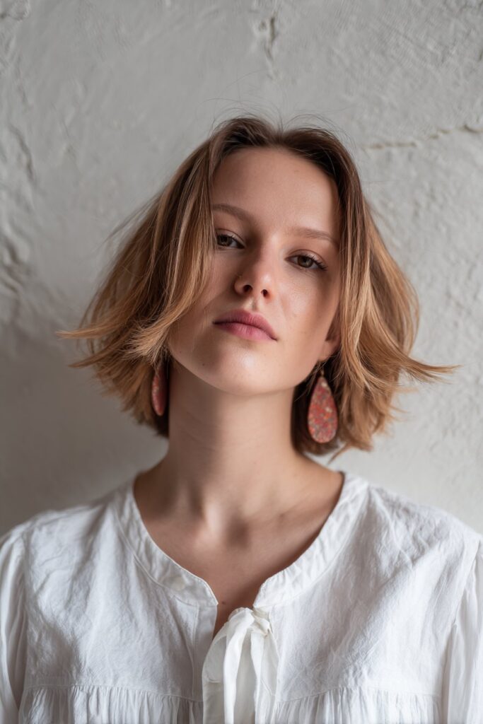 American woman with feathered butterfly cut, soft flicks, trendy earrings, stylish blouse against textured plaster wall background.
