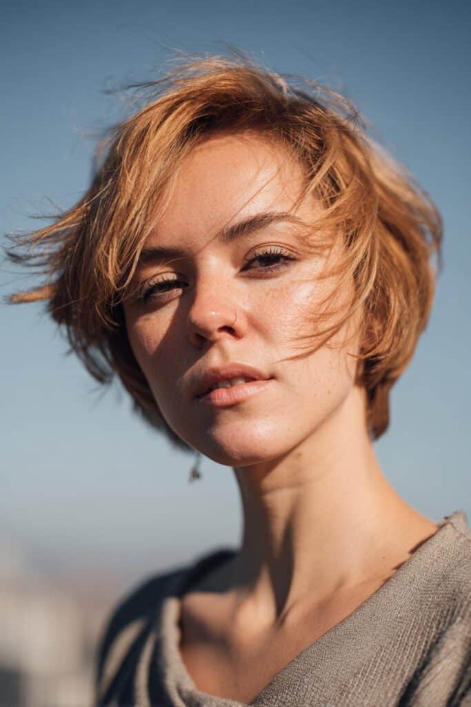 American model with feathered ash-blonde pixie cut, windblown texture, dewy makeup, modern neutral outfit on gray fabric background.