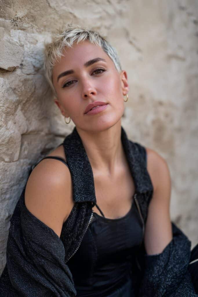 Stylish American woman with feathered faux hawk hairstyle wearing trendy monochrome outfit against textured plaster wall background.