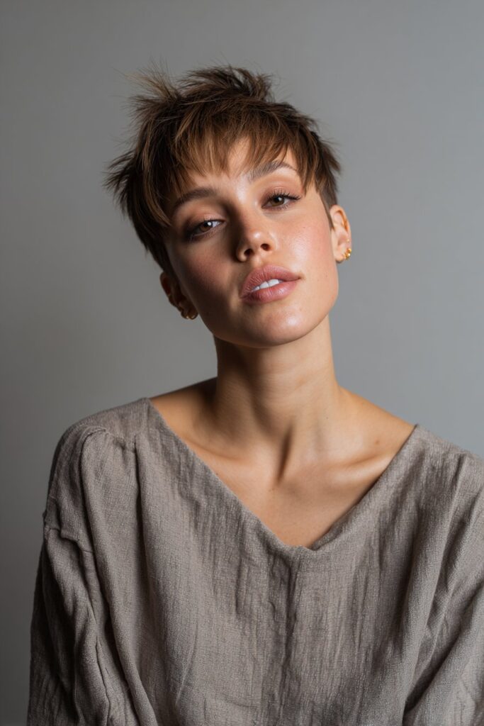 Studio portrait of American model with feathered stacked pixie, long side bangs, casual outfit against gray fabric.