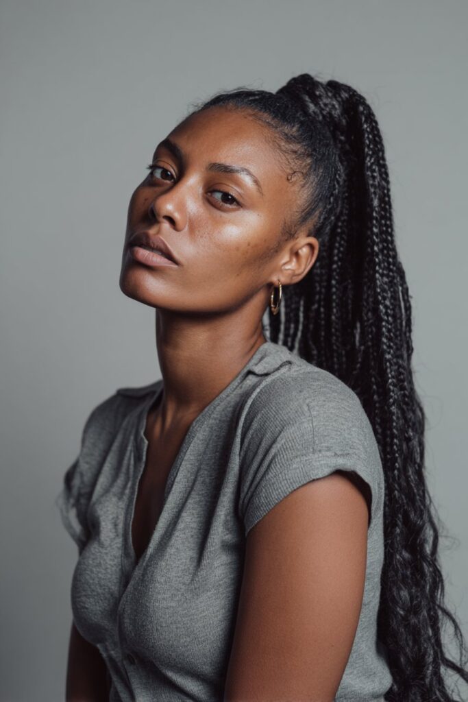 Confident portrait of American woman with sleek feed-in braids flowing into high ponytail against soft gray fabric backdrop.