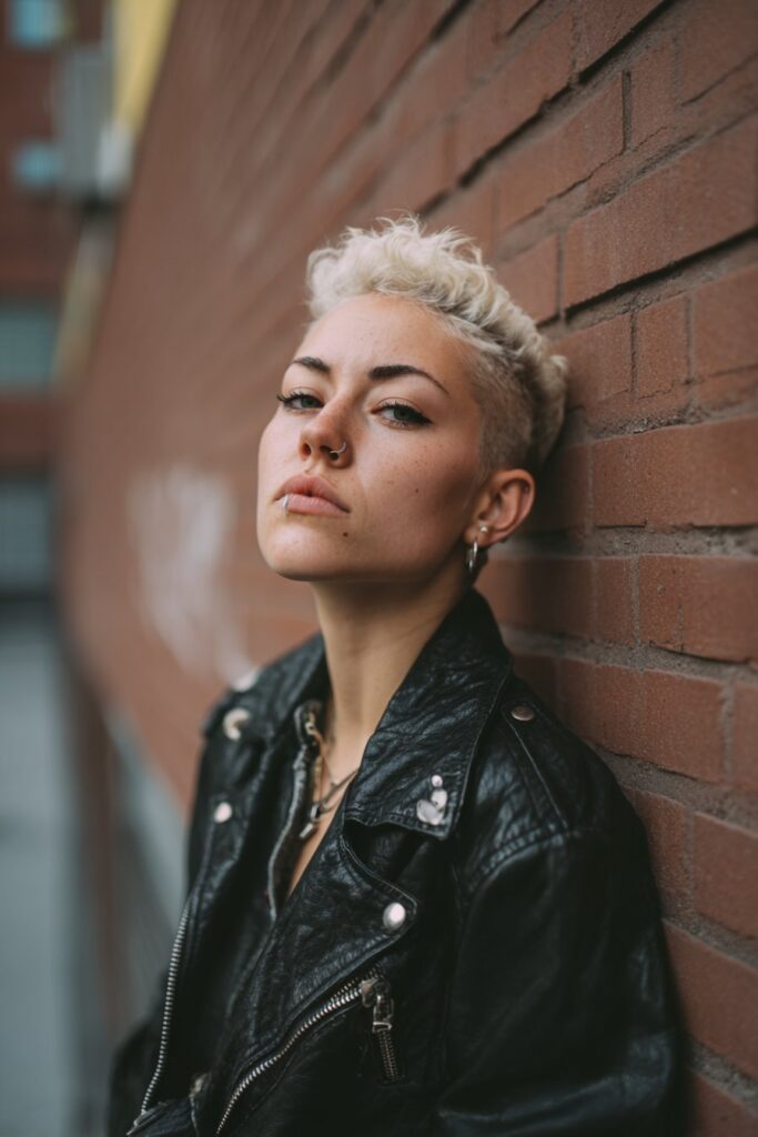 American woman with dual-tone red and black rocker hairstyle, fierce expression wearing ripped band tee against textured plaster.