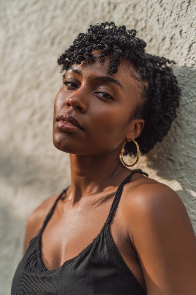 Stylish portrait of Black woman with short 4c hair in defined finger coils, glossy curls against plaster background.