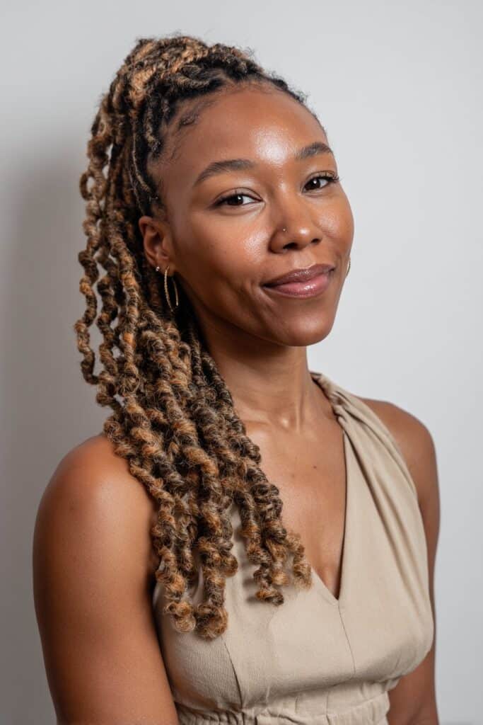 Black woman with flat twists blending to crochet curls, warm smile, glam makeup, white backdrop.