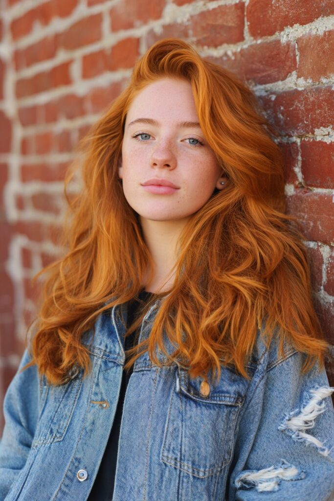 American girl with fluffy bright orange shag haircut, voluminous layers, edgy emo energy, ripped denim jacket, brick wall.