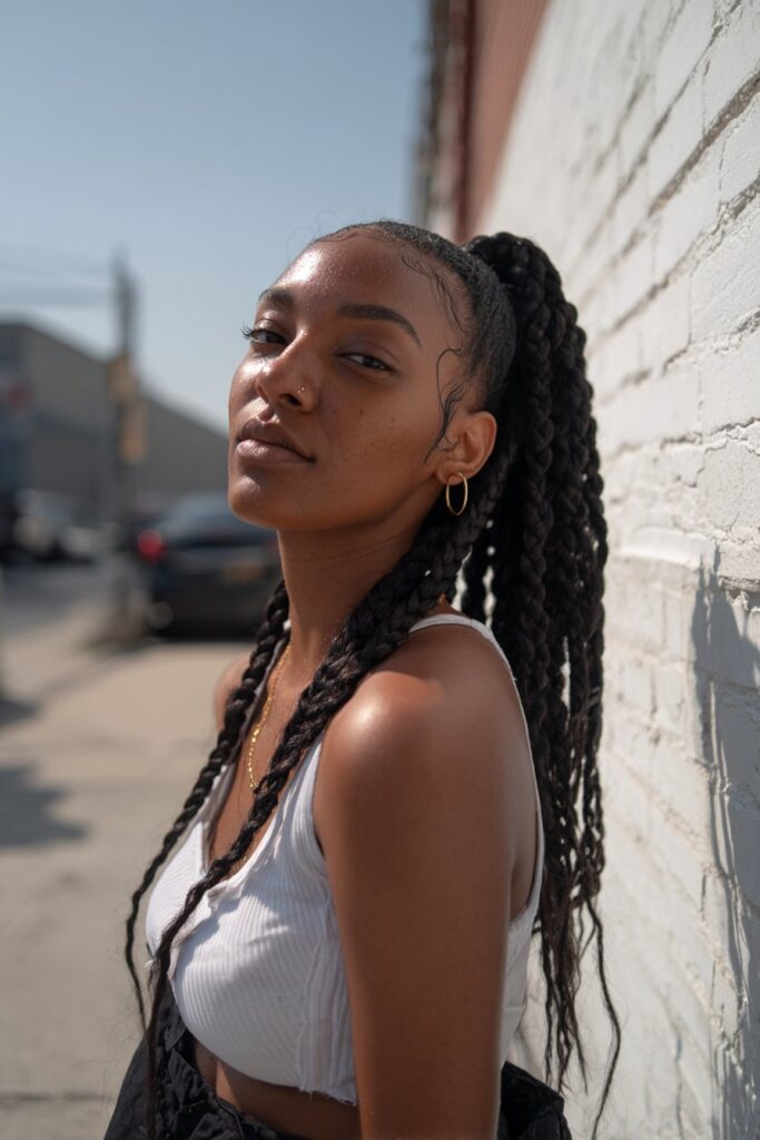Bold fashion portrait of American woman with multiple butterfly braids creating voluminous high ponytail against brick wall background.
