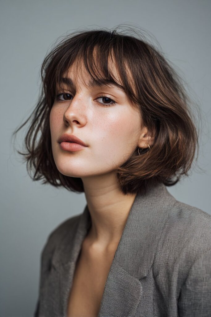 American woman with chic short French bob shag and wispy bangs, subtle makeup, modern outfit against soft gray fabric.