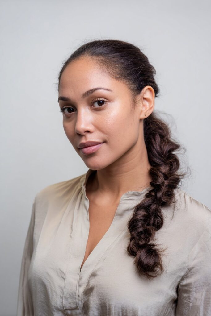 Refined portrait of American woman with French braid cascading into low ponytail wearing neutral blouse against white backdrop.