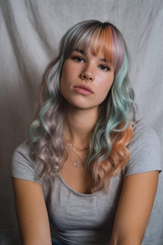 American model with medium wavy shag in pastel mint, lilac, peach shades, soft fringe, quirky emo vibe, gray backdrop.