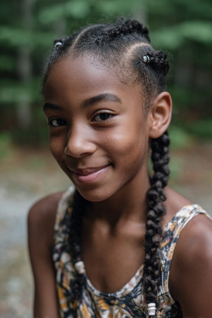 American girl with Fulani-style cornrows featuring center braid with decorative beads, cheerful expression, patterned top, natural forest background.