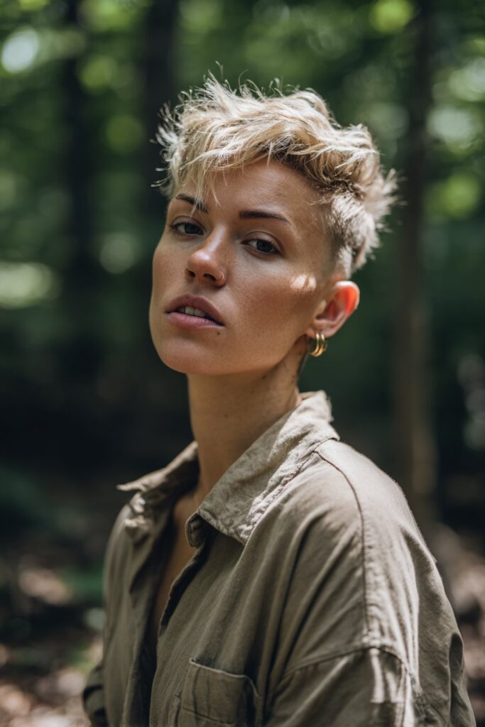 Funky American woman with edgy pixie featuring bold black-white skunk stripe, rebellious vibe, hoop earrings on gray backdrop.