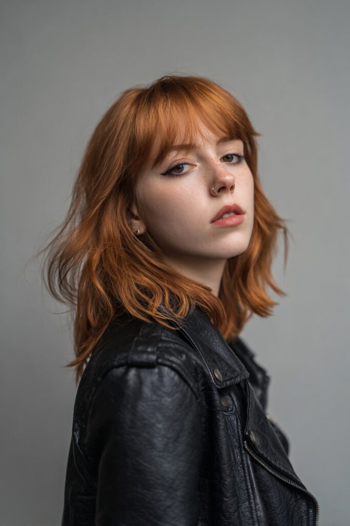 American female model with pink and green emo shag haircut, textured layers, alternative outfit, grunge makeup, forest background.