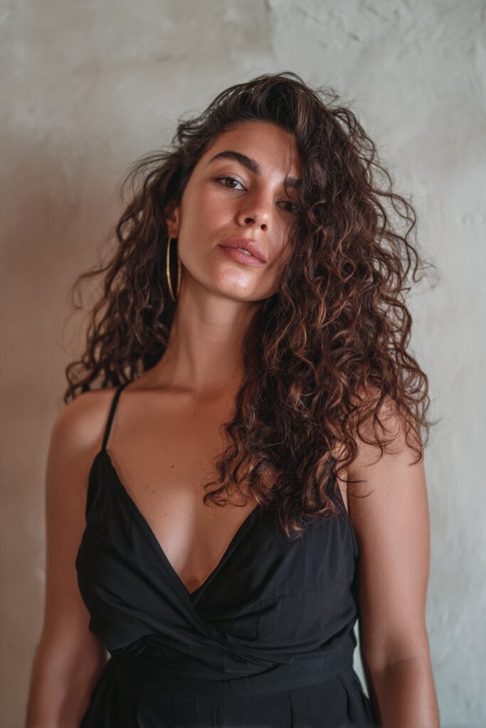 Edgy portrait of American woman with high-volume curls, lifted curtain bangs, bold outfit against textured plaster.