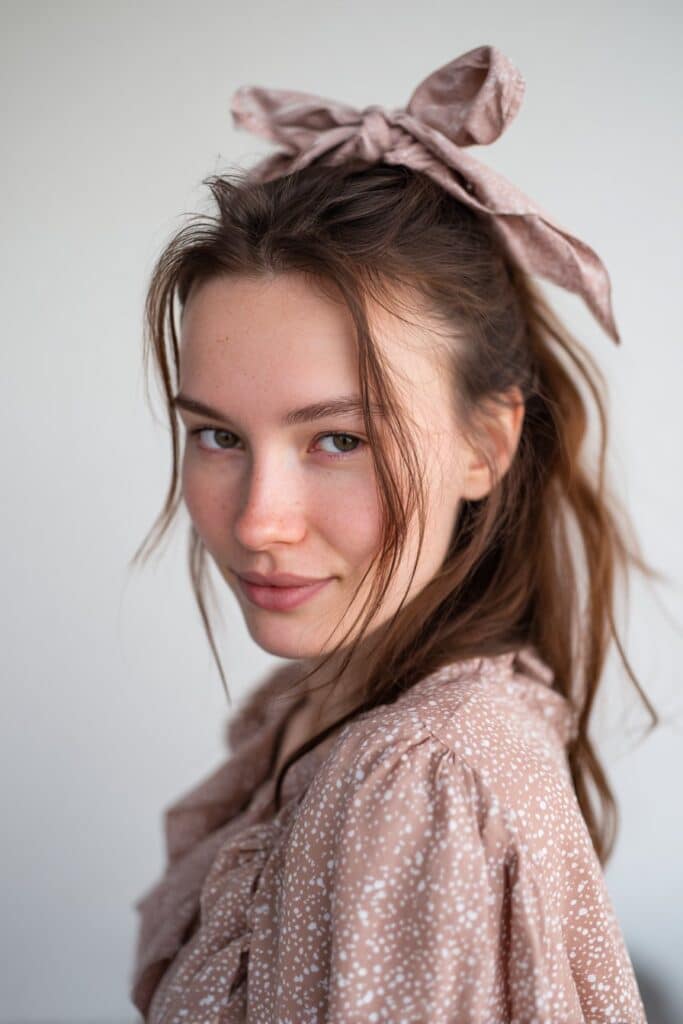 American woman with creative bow-shaped hair, bold expression, pastel outfit against seamless white backdrop photographically.