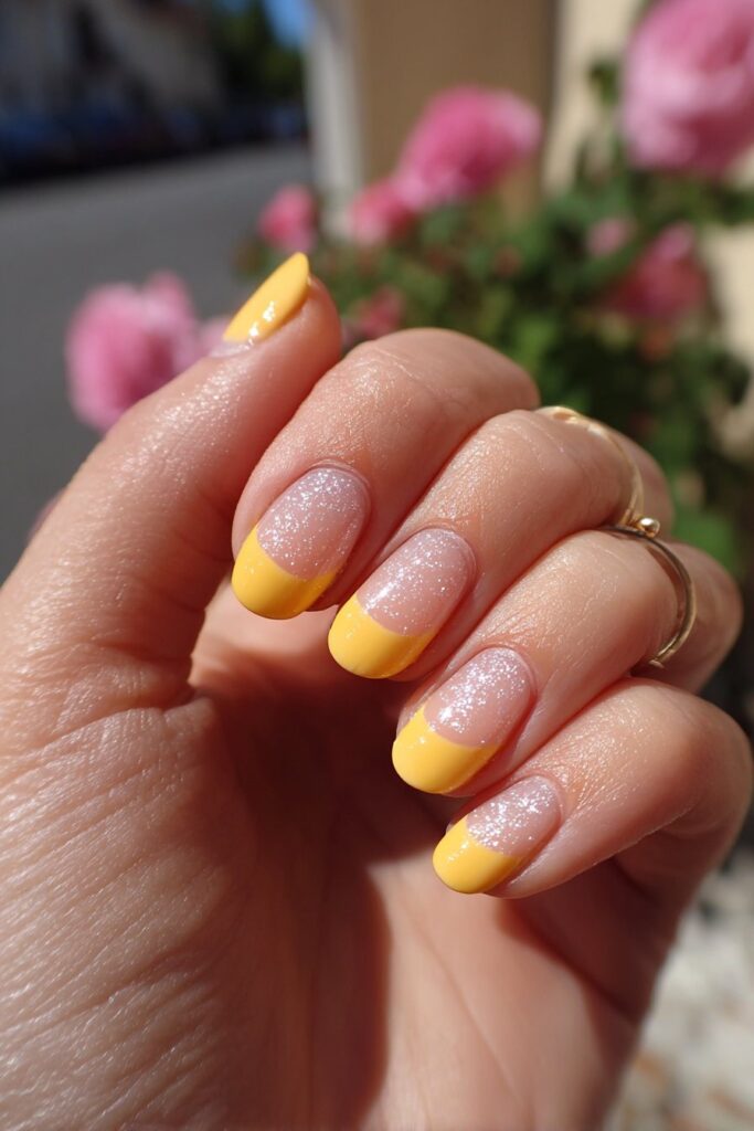 Orange French tips with classic clear half-moon shapes at base creating crisp graphic summer nail design style.