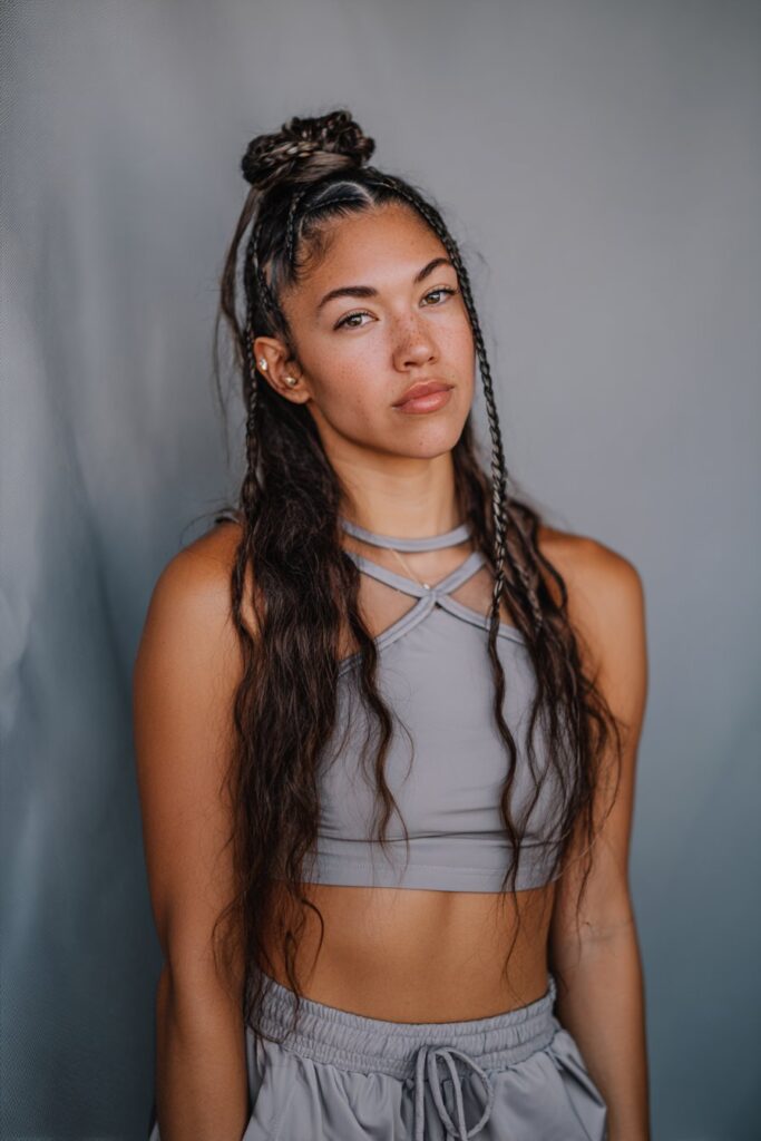 Portrait of American woman with half-up braided top knot and flowing lower braids against soft gray backdrop.
