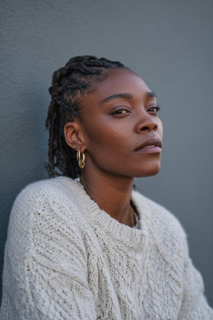 American woman wearing tribal braids styled half-up, half-down, gold hoops, subtle eyeliner, cozy sweater against soft gray backdrop.