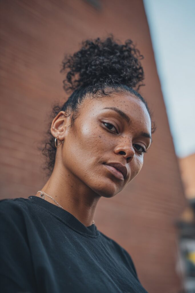 Confident portrait of Black American woman with short 4c hair in high puff, natural crown curls against brick wall.
