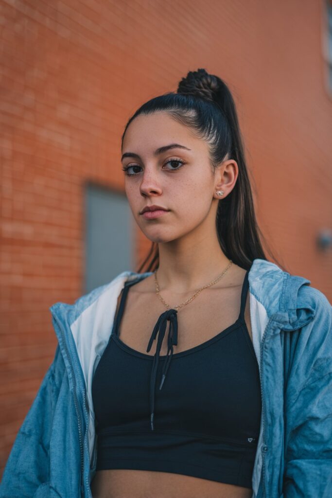 Athletic portrait of American woman with high rope twist ponytail wearing sporty fashion against urban brick wall background.