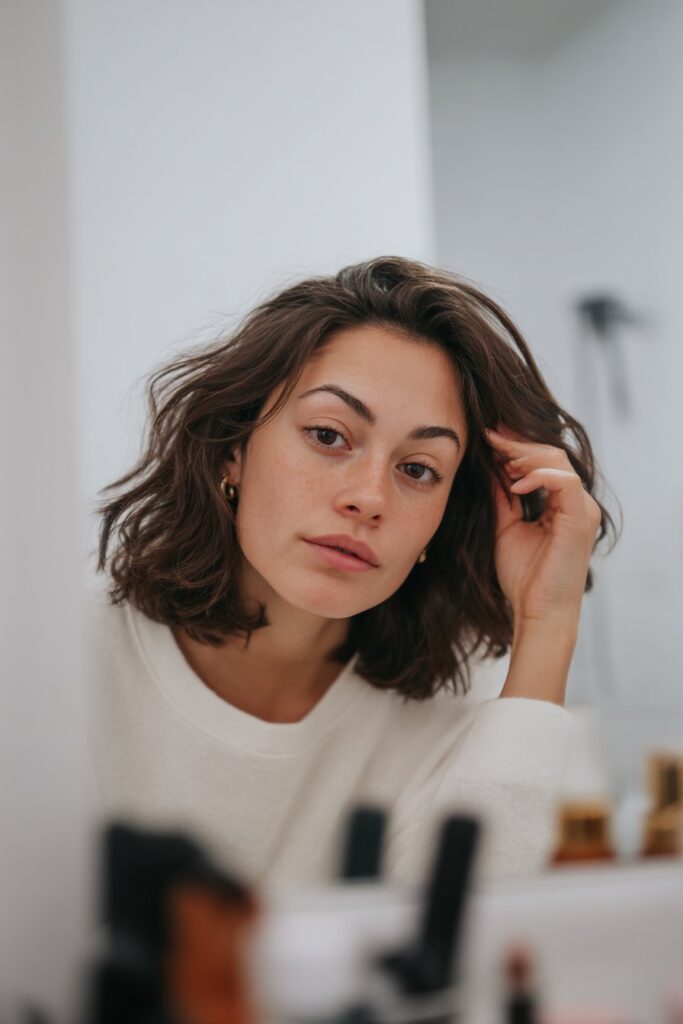 Behind-the-scenes portrait of American woman styling butterfly haircut in mirror with salon tools and natural lighting.