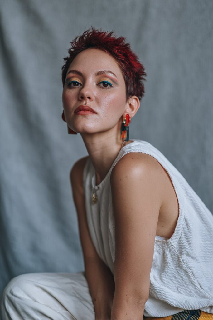 American woman with vivid red Bowie-inspired mullet, colorful glam makeup and dramatic pose against soft gray fabric backdrop.