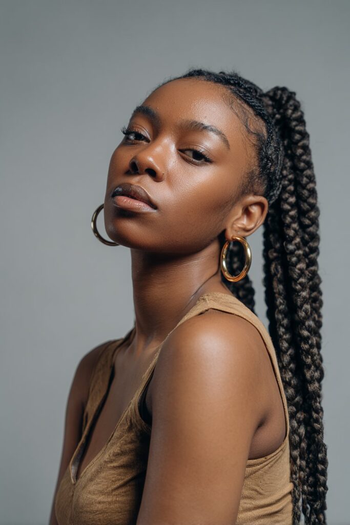 Studio portrait of American woman with thick jumbo knotless braids wearing bold hoop earrings against gray fabric backdrop.