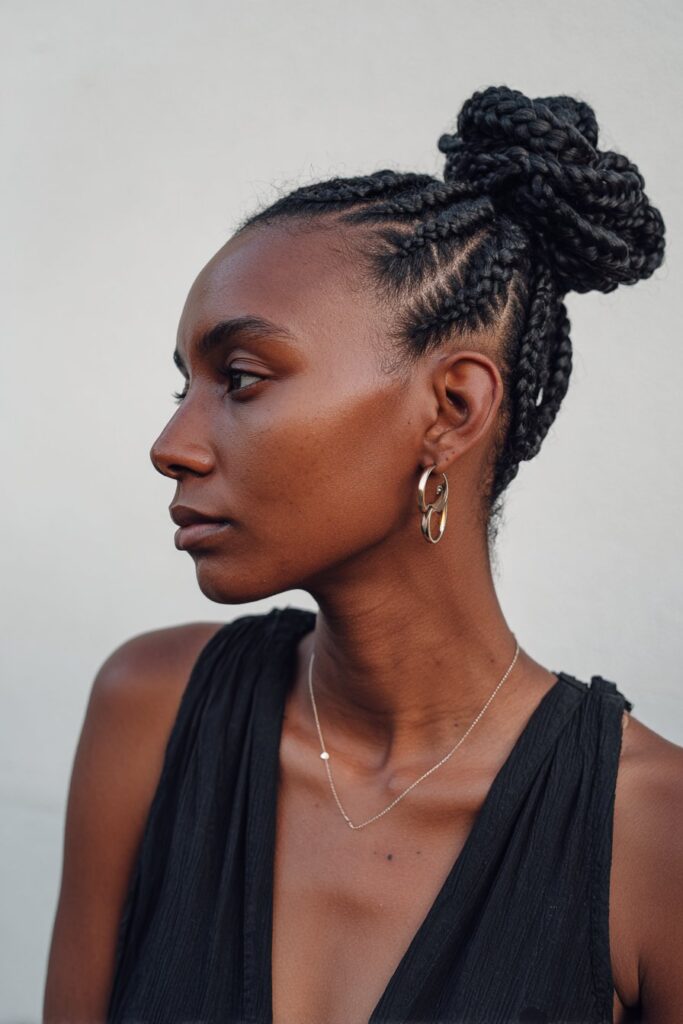 American woman wearing jumbo tribal braids styled into low bun, minimalist jewelry, confident profile view against seamless white backdrop.