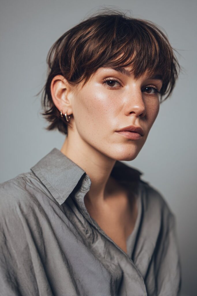 American female model with modern layered bowl cut, sharp fringe, strong cheekbones, minimal edgy outfit, gray fabric backdrop.