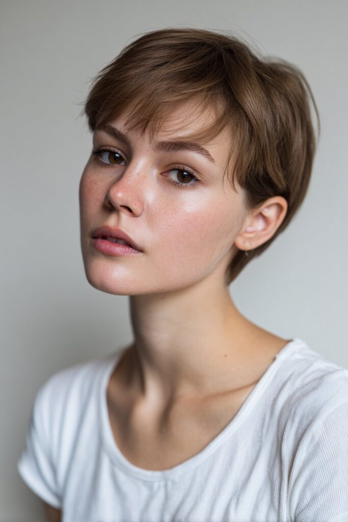 Sophisticated portrait of American model with layered pixie bob, soft contouring, delicate makeup on white backdrop.