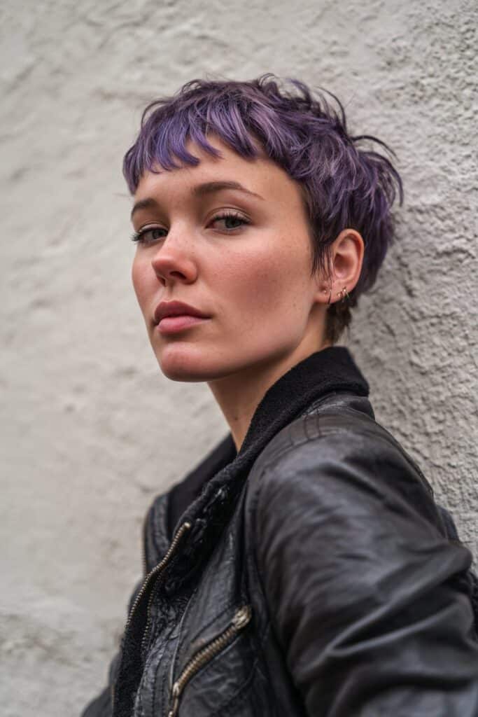 American woman with layered electric purple pixie cut, wild texture, creative energy, styled jacket against textured plaster.
