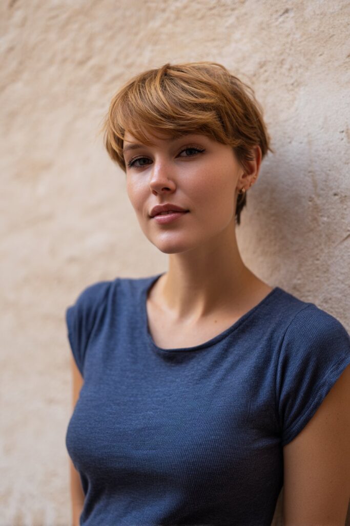 American woman with layered short shag haircut and side-swept bangs, stylish casual outfit, natural lighting against textured plaster wall.
