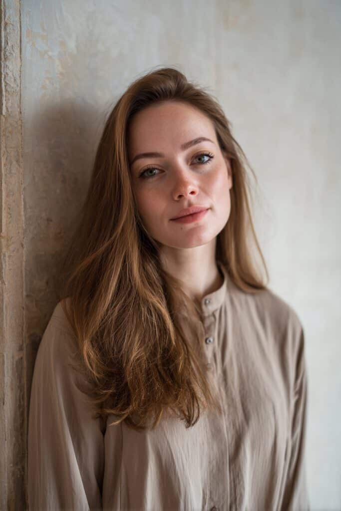 Portrait of American model with round face and long butterfly haircut wearing neutral blouse against textured backdrop.