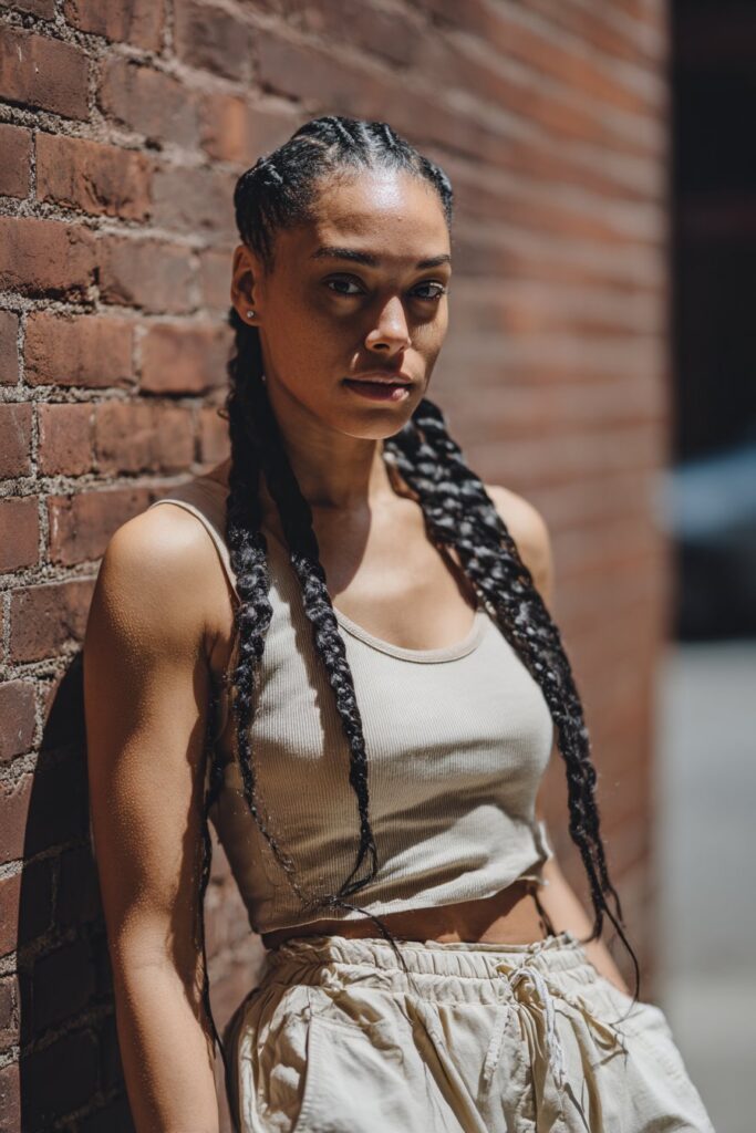 Professional portrait of American woman with long feed-in braids wearing neutral streetwear against urban brick wall background.