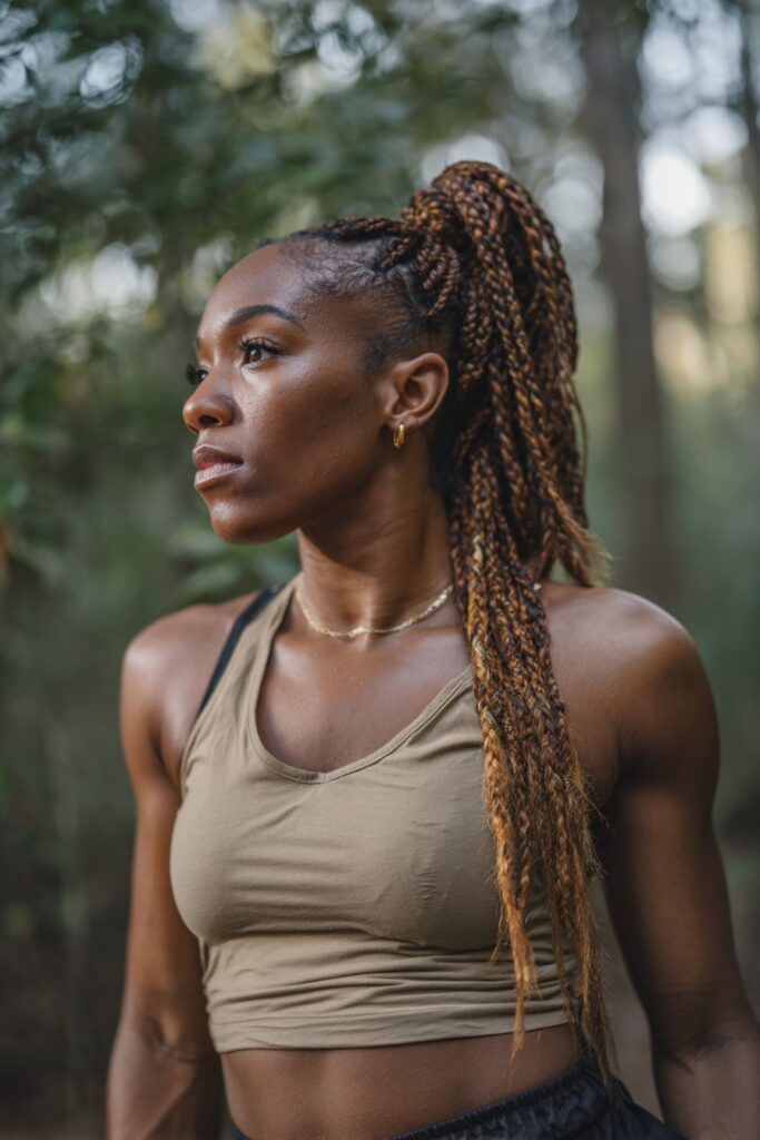 Bold portrait of American Black woman with vibrant spice-colored braids in high ponytail against forest scene backdrop.